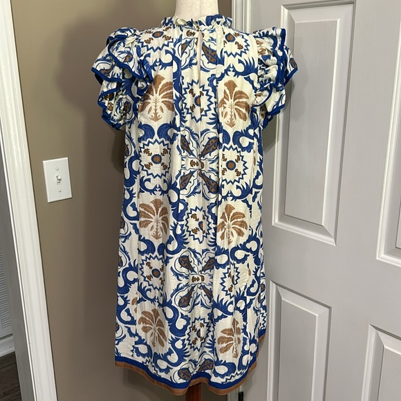 Umgee Boho Double Ruffle Sleeve Mini Dress in Blue Multi - Picture 6 of 9